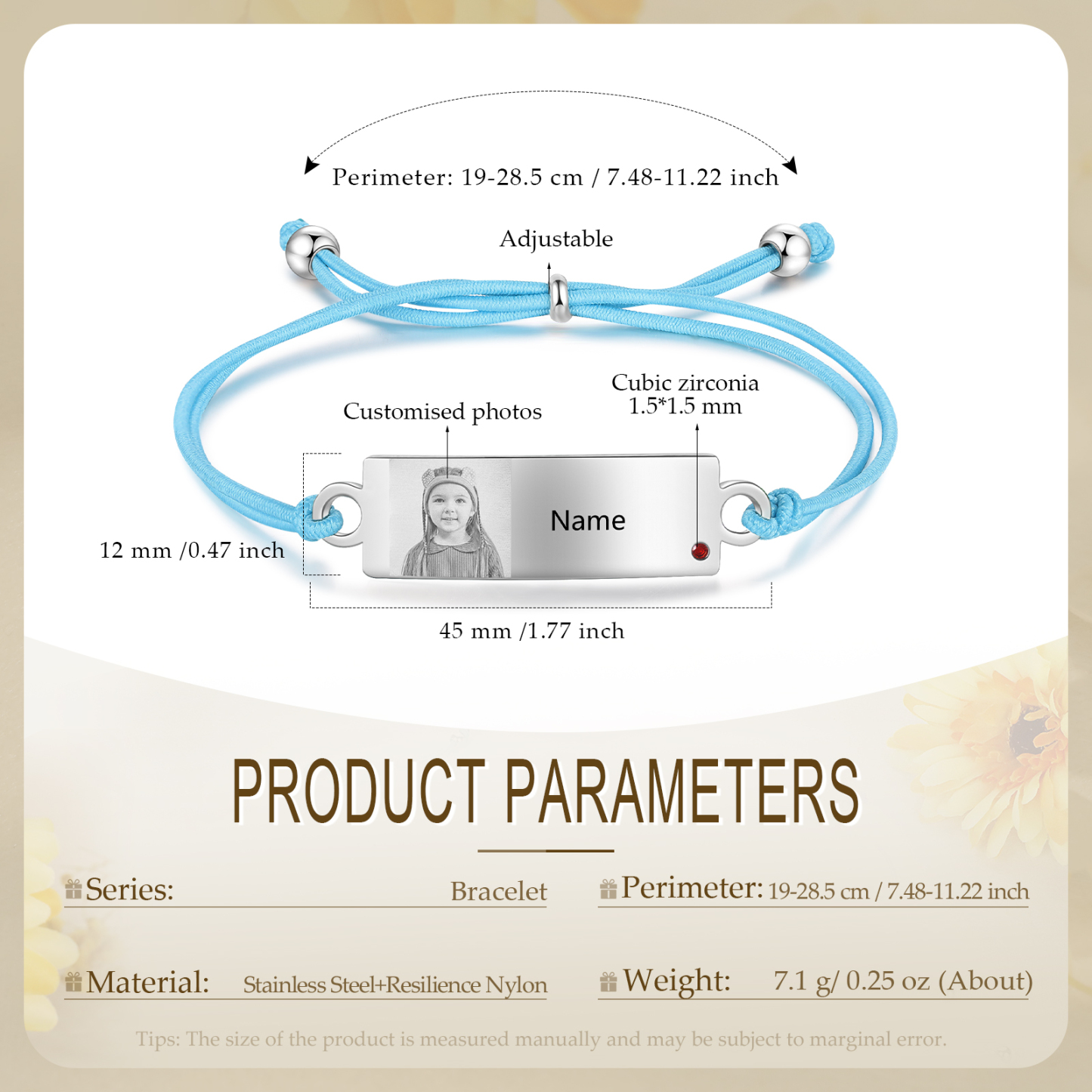 Personalized Custom Photo & Name & Birthstone Elastic Rope Stainless Steel Bracelet Adjustable Back To School Gift For Children