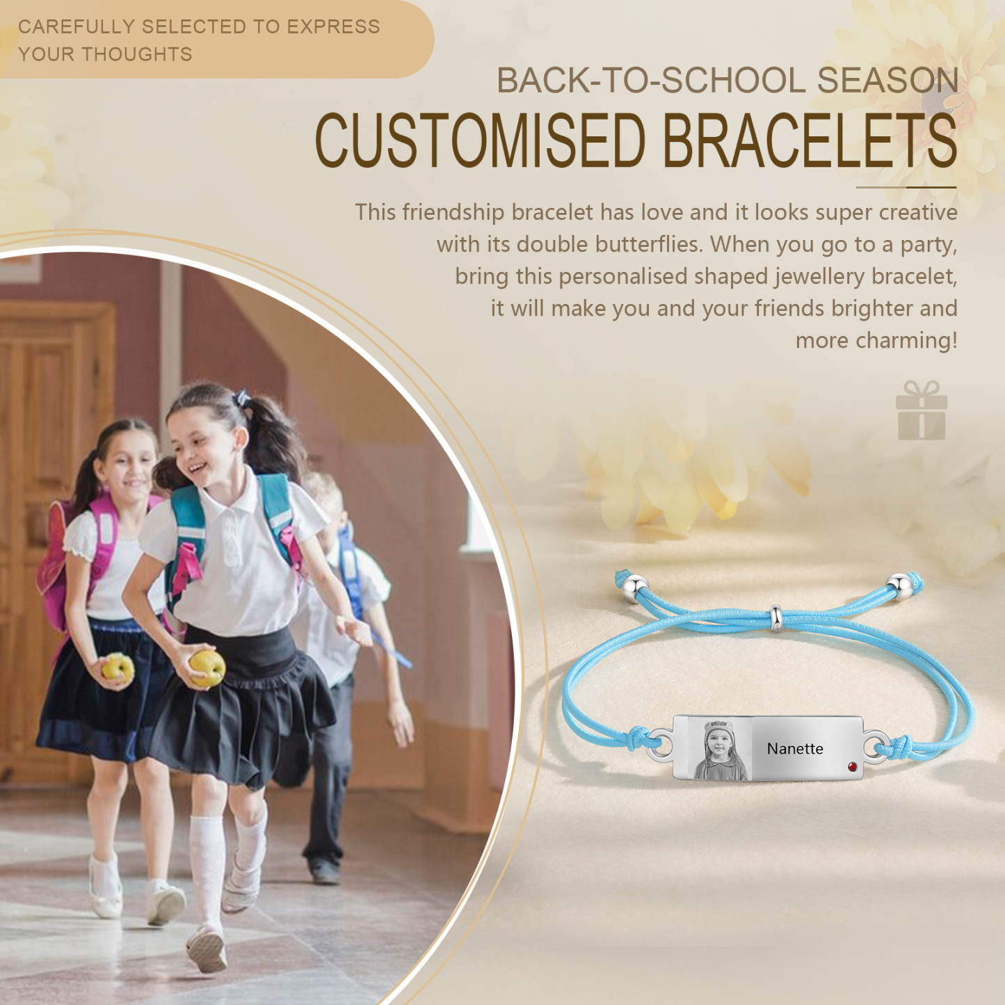 Personalized Custom Photo & Name & Birthstone Elastic Rope Stainless Steel Bracelet Adjustable Back To School Gift For Children