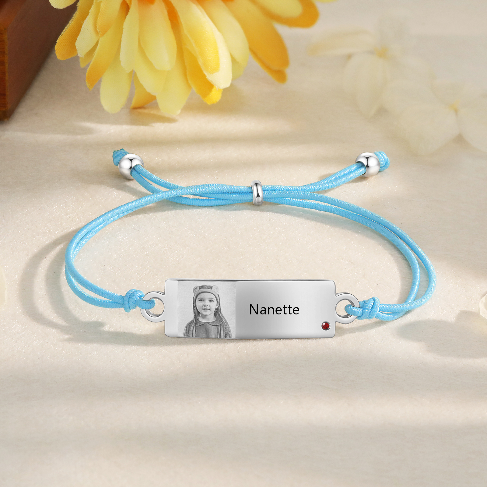 Personalized Custom Photo & Name & Birthstone Elastic Rope Stainless Steel Bracelet Adjustable Back To School Gift For Children