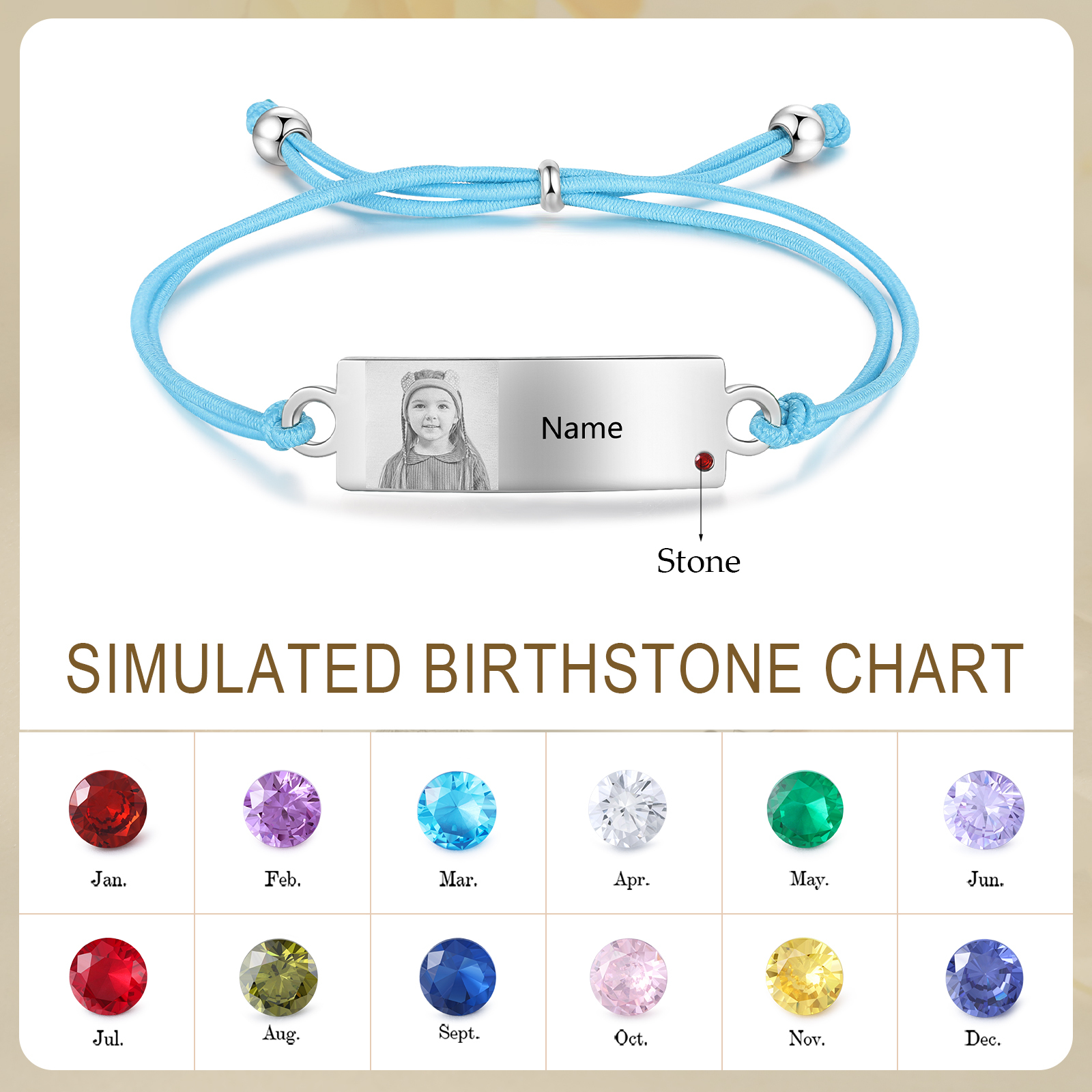 Personalized Custom Photo & Name & Birthstone Elastic Rope Stainless Steel Bracelet Adjustable Back To School Gift For Children