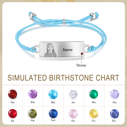 Personalized Custom Photo & Name & Birthstone Elastic Rope Stainless Steel Bracelet Adjustable Back To School Gift For Children