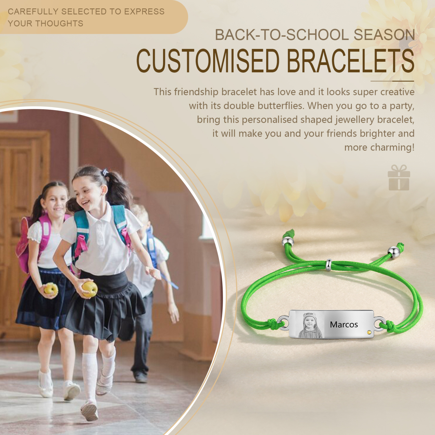 Personalized Custom Photo & Name & Birthstone Elastic Rope Stainless Steel Bracelet Adjustable Back To School Gift For Children