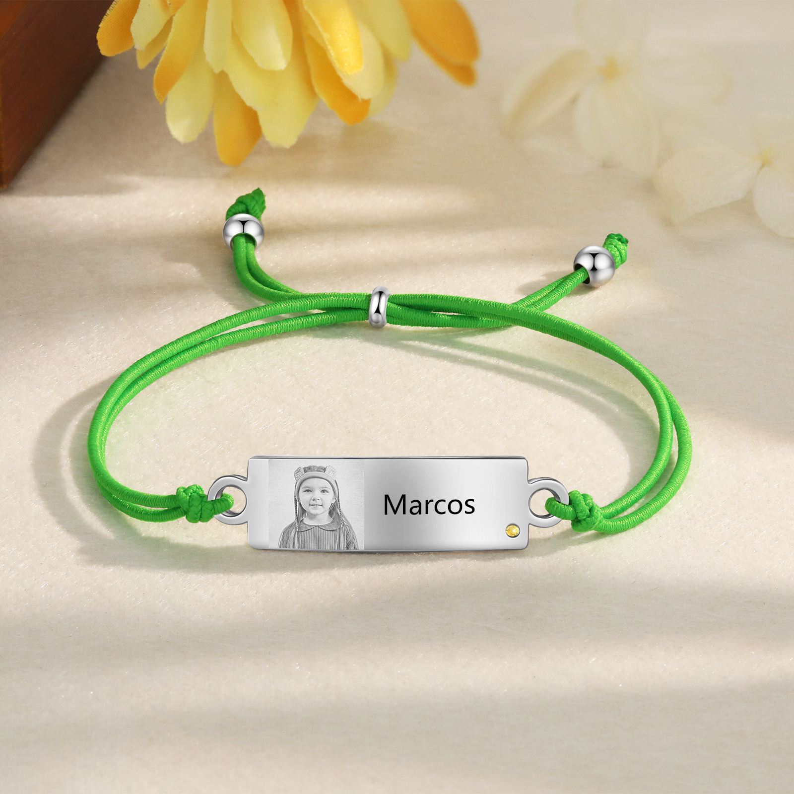 Personalized Custom Photo & Name & Birthstone Elastic Rope Stainless Steel Bracelet Adjustable Back To School Gift For Children
