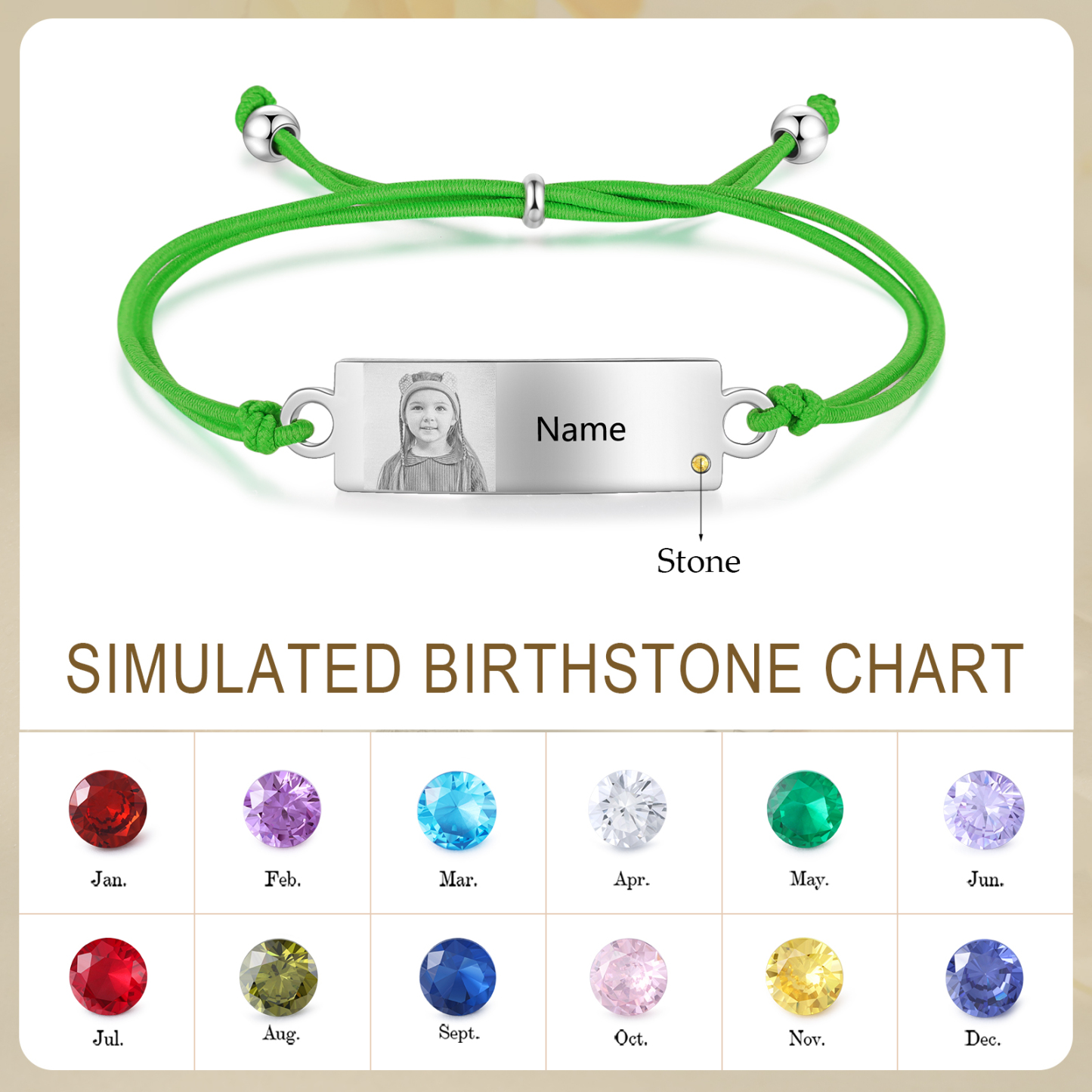 Personalized Custom Photo & Name & Birthstone Elastic Rope Stainless Steel Bracelet Adjustable Back To School Gift For Children