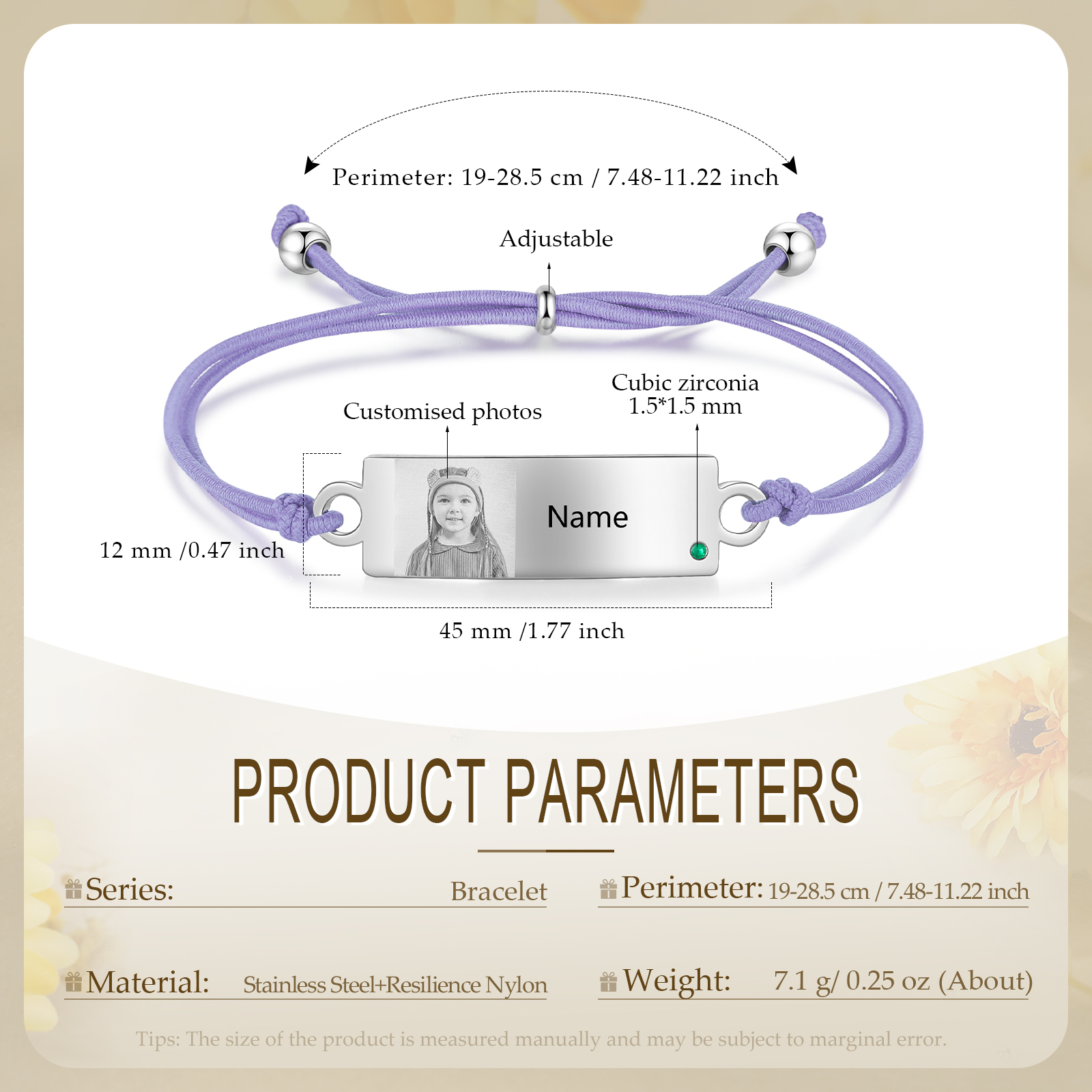 Personalized Custom Photo & Name & Birthstone Elastic Rope Stainless Steel Bracelet Adjustable Back To School Gift For Children