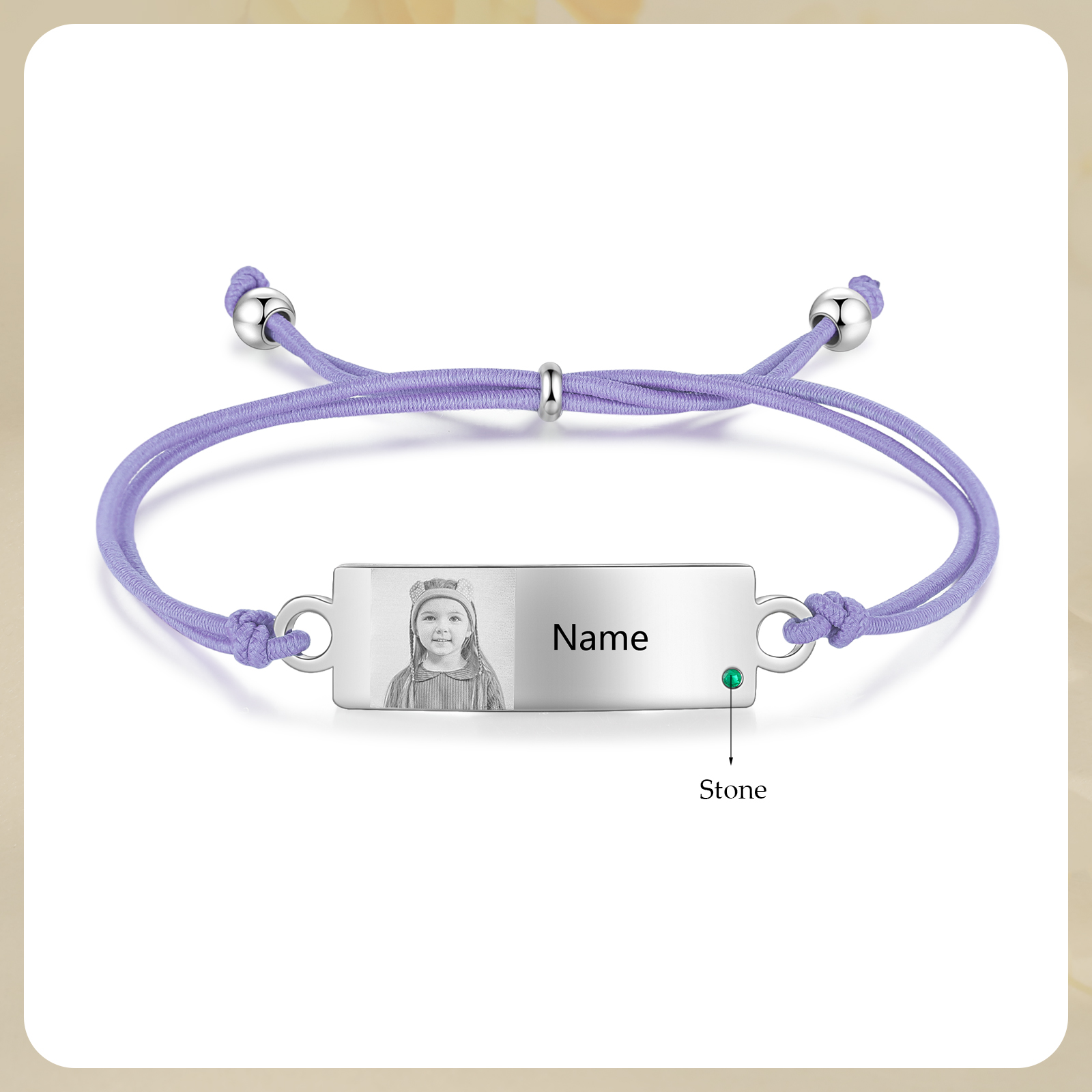Personalized Custom Photo & Name & Birthstone Elastic Rope Stainless Steel Bracelet Adjustable Back To School Gift For Children