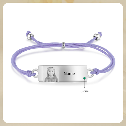 Personalized Custom Photo & Name & Birthstone Elastic Rope Stainless Steel Bracelet Adjustable Back To School Gift For Children
