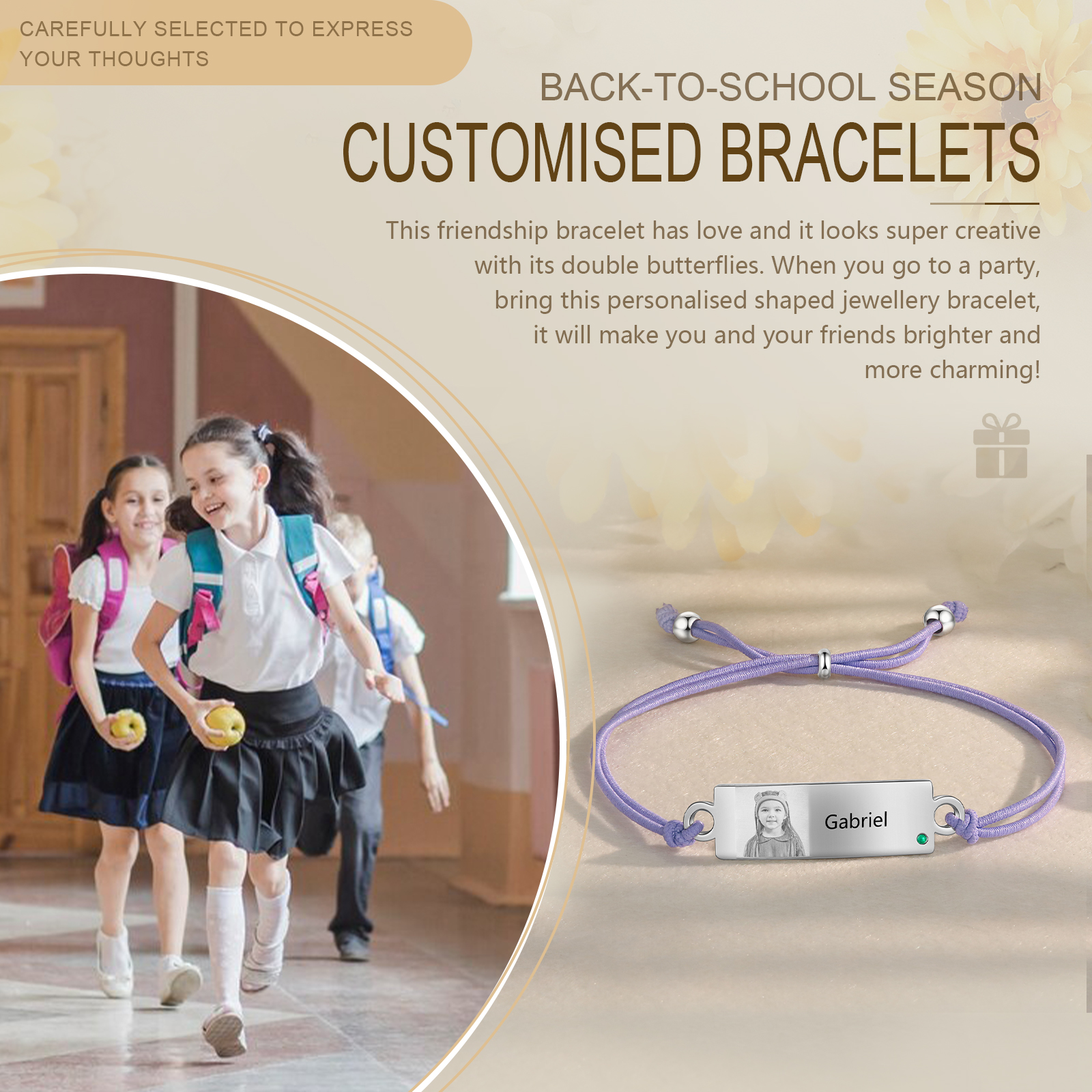 Personalized Custom Photo & Name & Birthstone Elastic Rope Stainless Steel Bracelet Adjustable Back To School Gift For Children