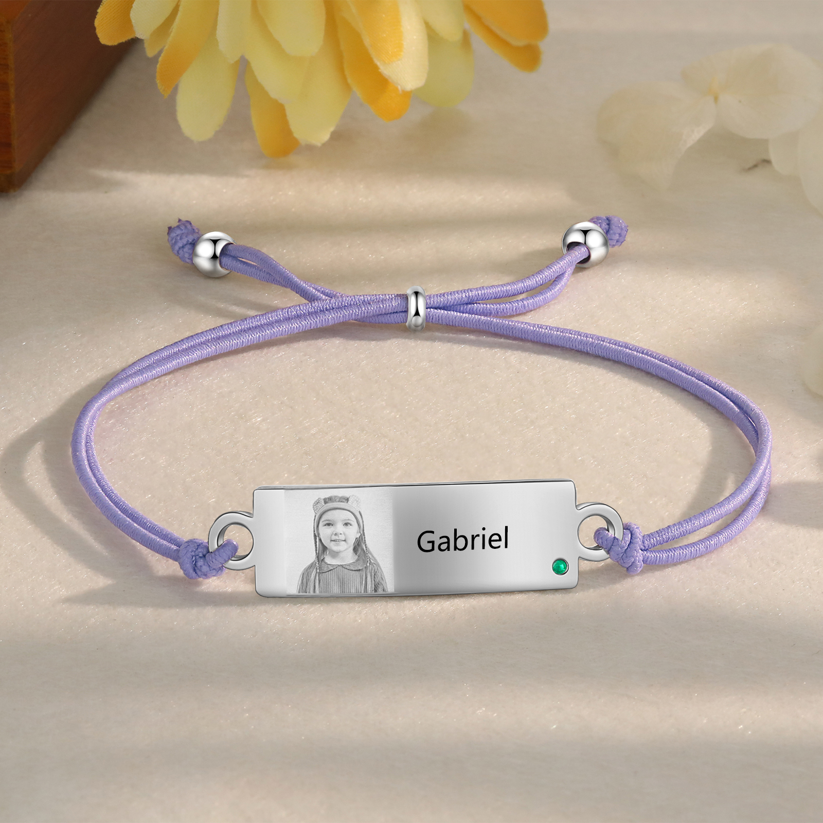 Personalized Custom Photo & Name & Birthstone Elastic Rope Stainless Steel Bracelet Adjustable Back To School Gift For Children