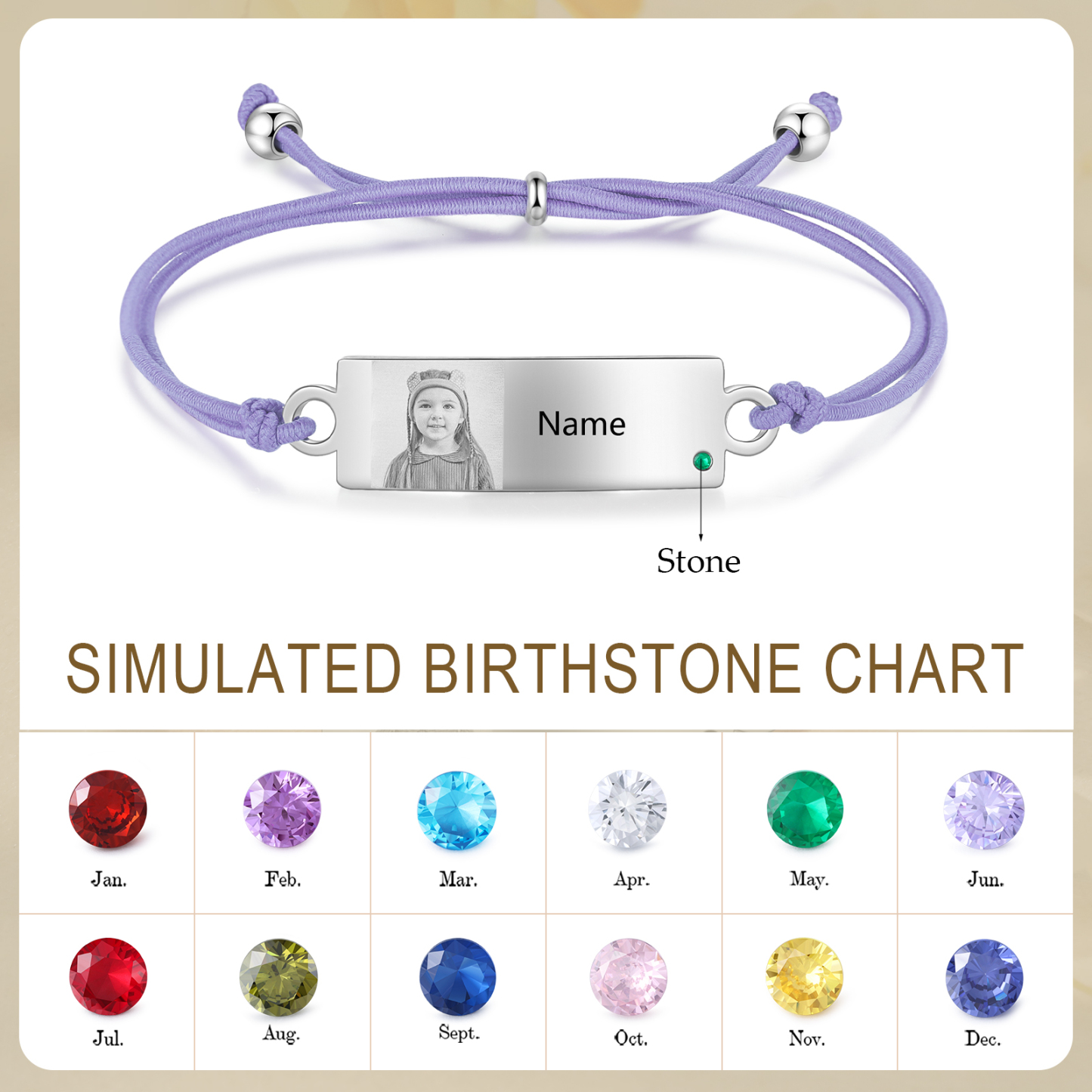 Personalized Custom Photo & Name & Birthstone Elastic Rope Stainless Steel Bracelet Adjustable Back To School Gift For Children