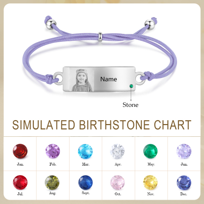 Personalized Custom Photo & Name & Birthstone Elastic Rope Stainless Steel Bracelet Adjustable Back To School Gift For Children