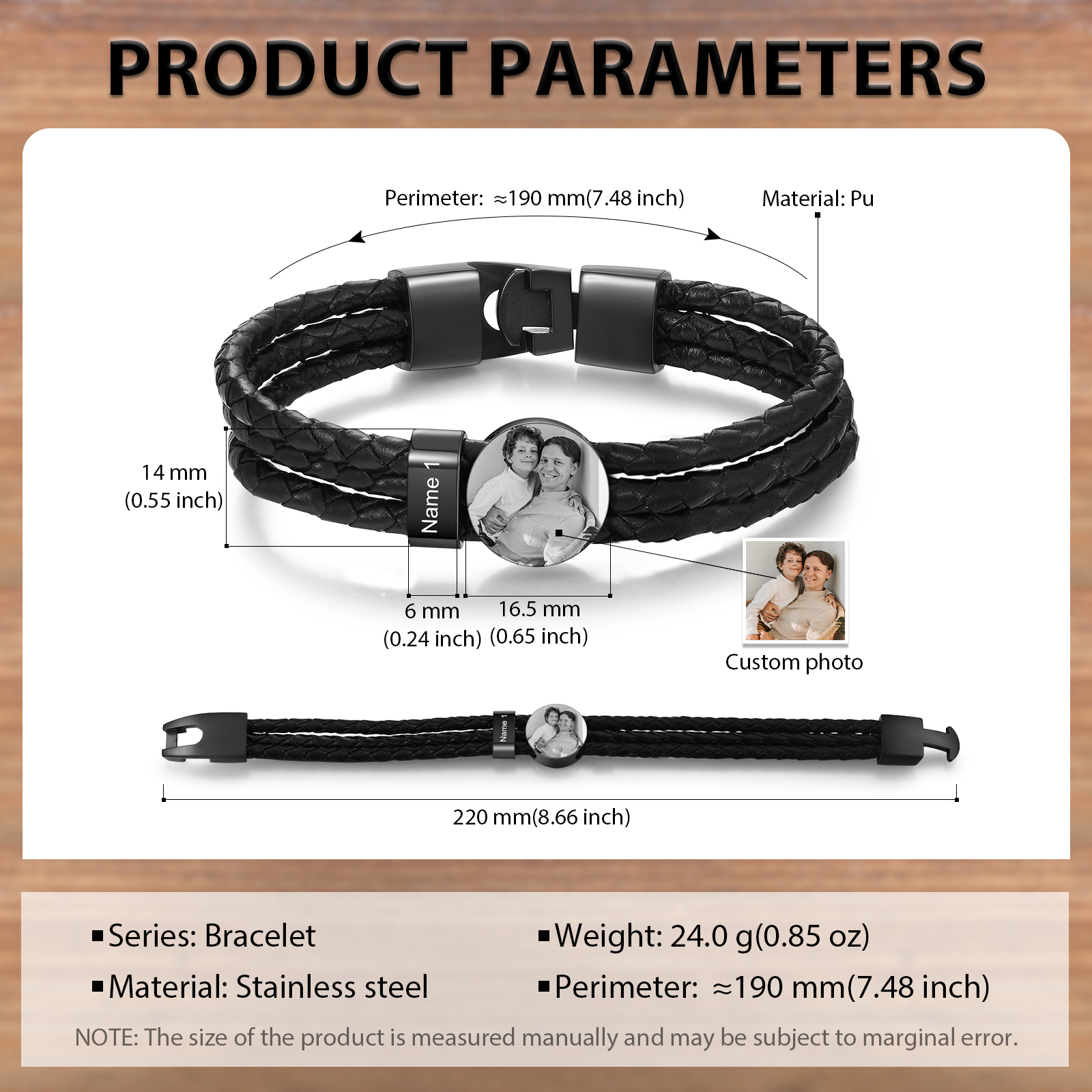 Personalized Braided Leather Bracelet Engraved with 1 Names and Customized 1 Photo Men's Bracelet for Dad
