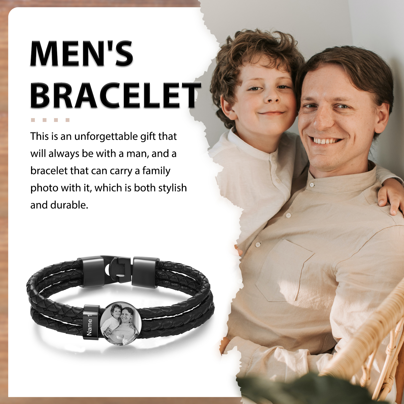 Personalized Braided Leather Bracelet Engraved with 1 Names and Customized 1 Photo Men's Bracelet for Dad