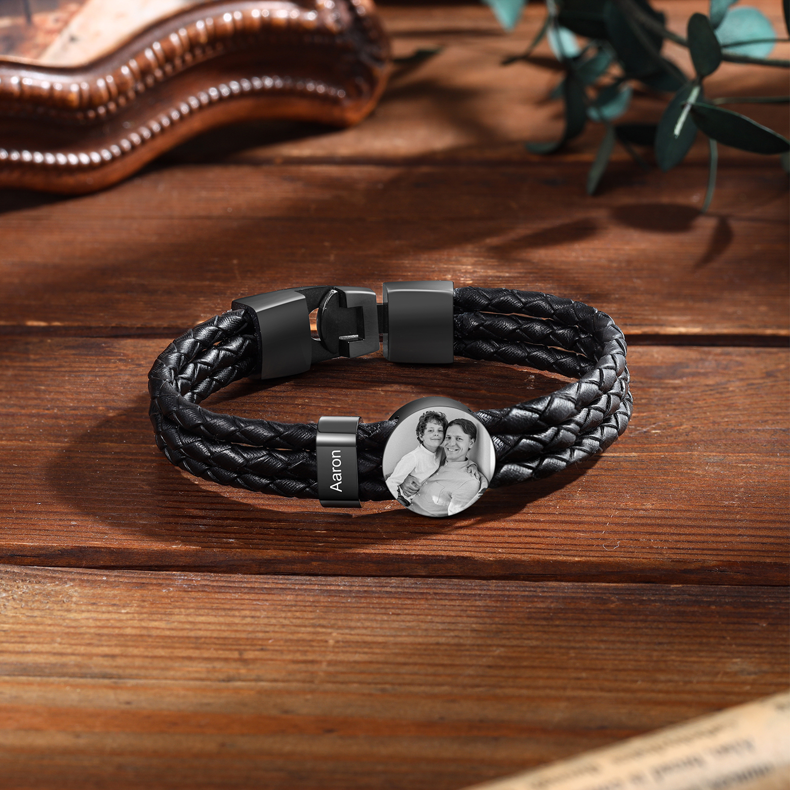 Personalised Braided Leather Bracelet Engraved with Names and