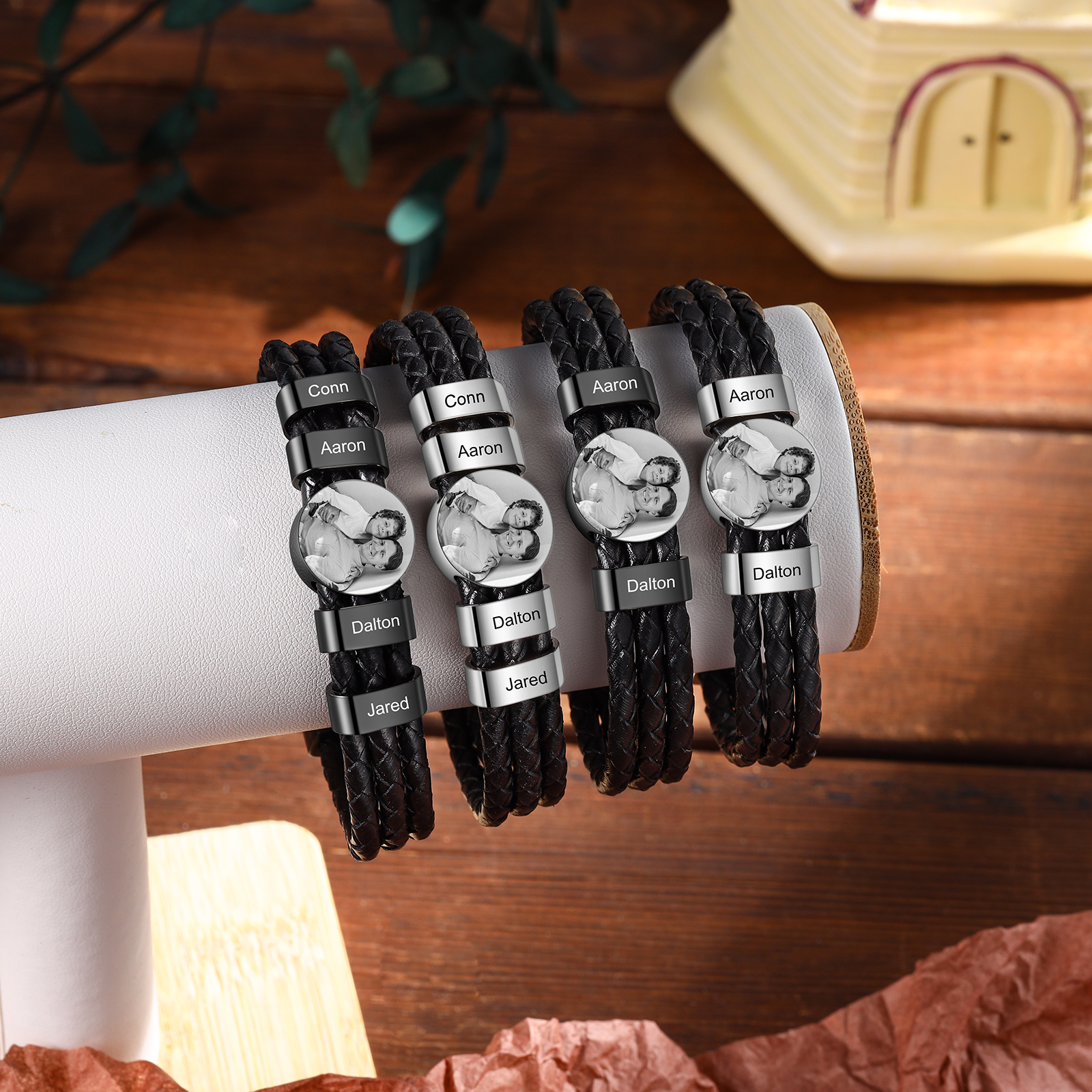 Personalized Braided Leather Bracelet Engraved with 1 Names and Customized 1 Photo Men's Bracelet for Dad