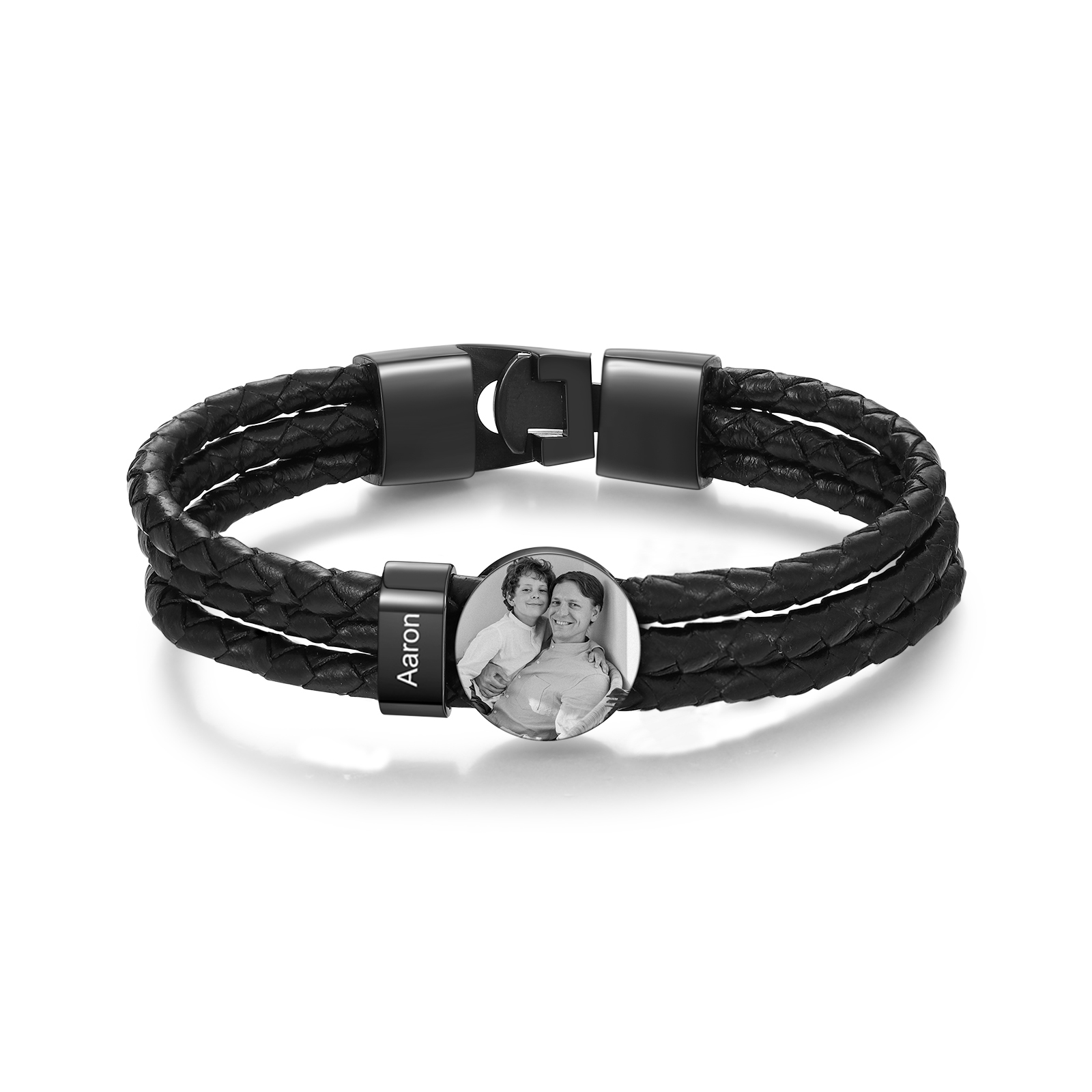 Personalized Braided Leather Bracelet Engraved with 1 Names and Customized 1 Photo Men's Bracelet for Dad