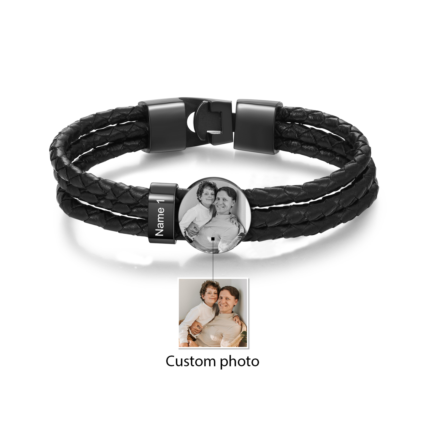Personalized Braided Leather Bracelet Engraved with 1 Names and Customized 1 Photo Men's Bracelet for Dad