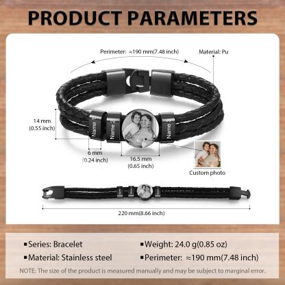 Personalized Braided Leather Bracelet Engraved with 3 Names and Customized 1 Photo Men's Bracelet for Dad