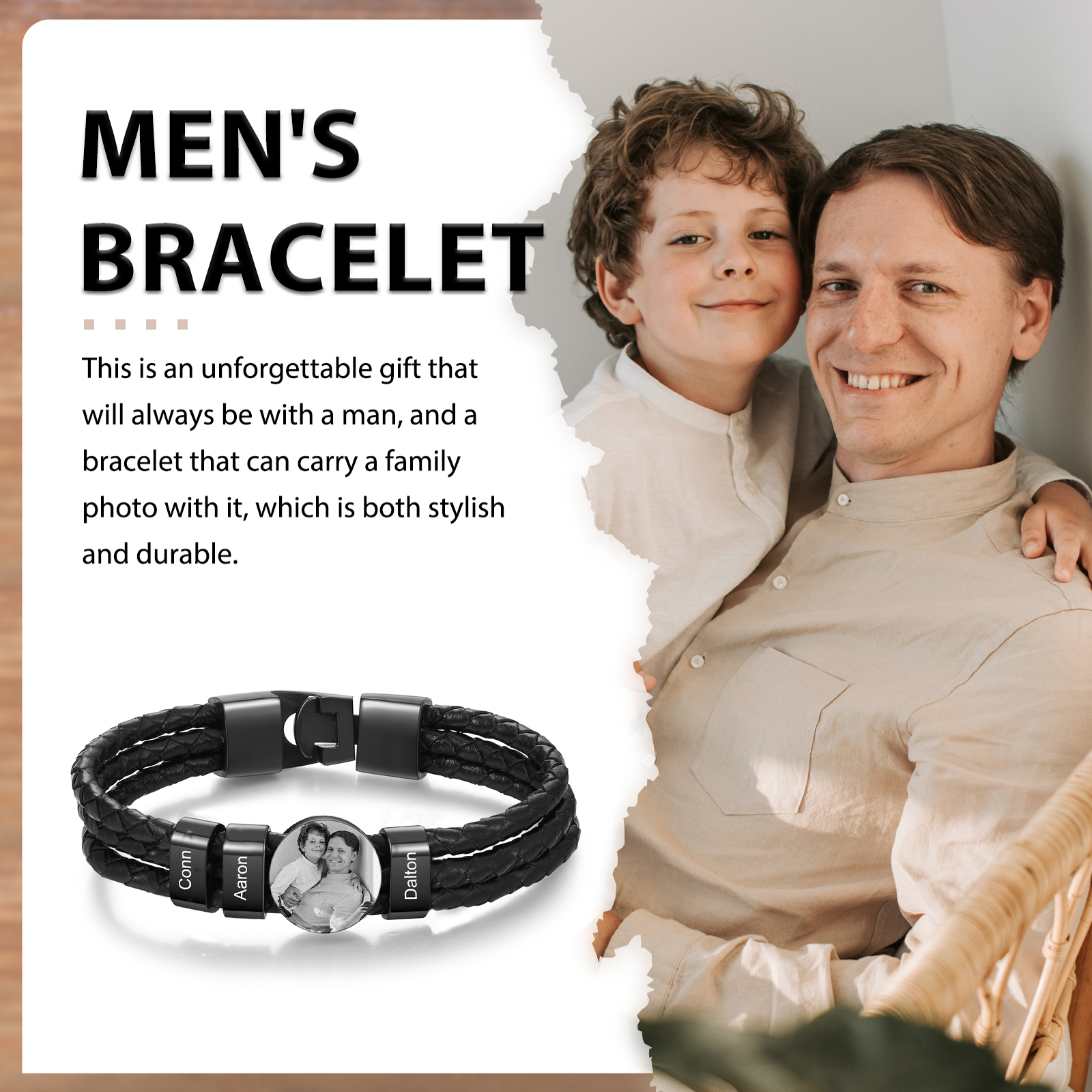 Personalized Braided Leather Bracelet Engraved with 3 Names and Customized 1 Photo Men's Bracelet for Dad