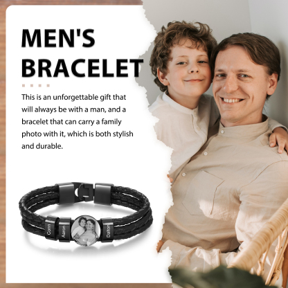 Personalized Braided Leather Bracelet Engraved with 3 Names and Customized 1 Photo Men's Bracelet for Dad