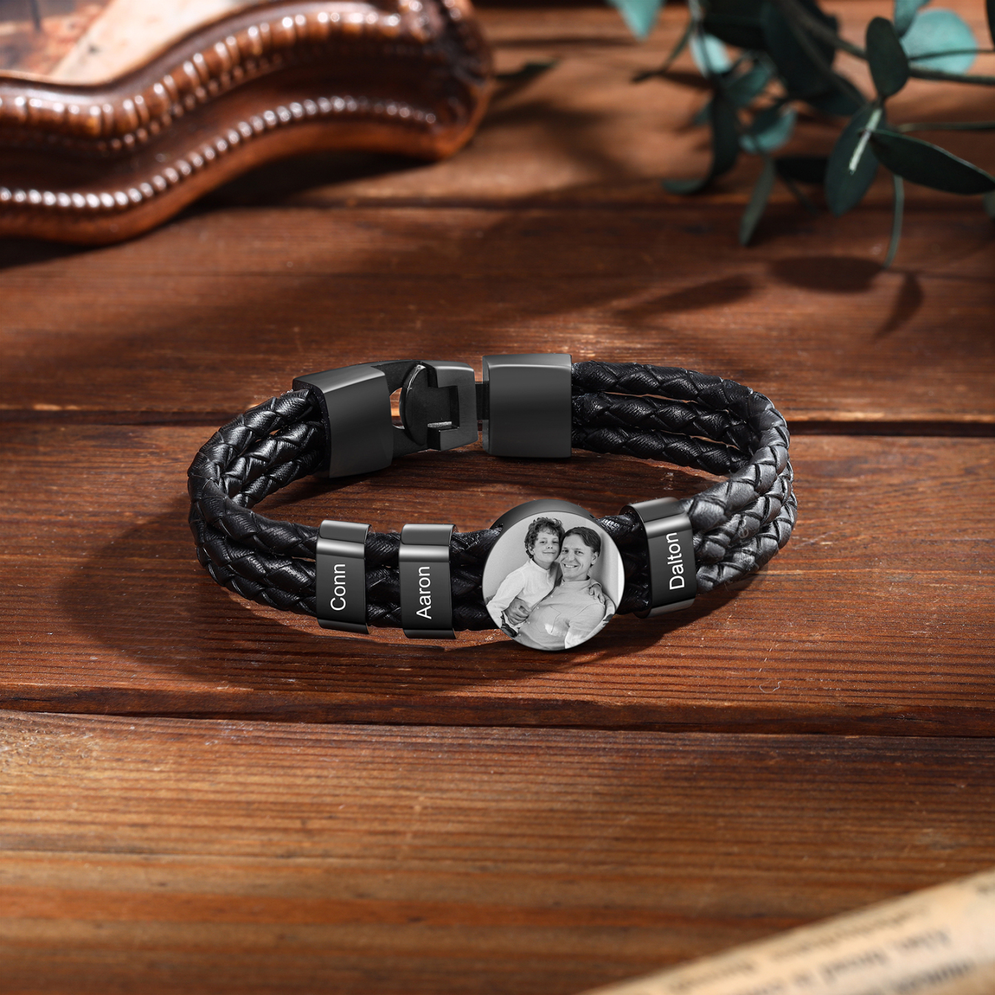 Jessemade UK Personalized Braided Leather Bracelet Engraved with 3 Names and Customized 1 Photo Men's Bracelet for Dad 27.99 m1-n3
