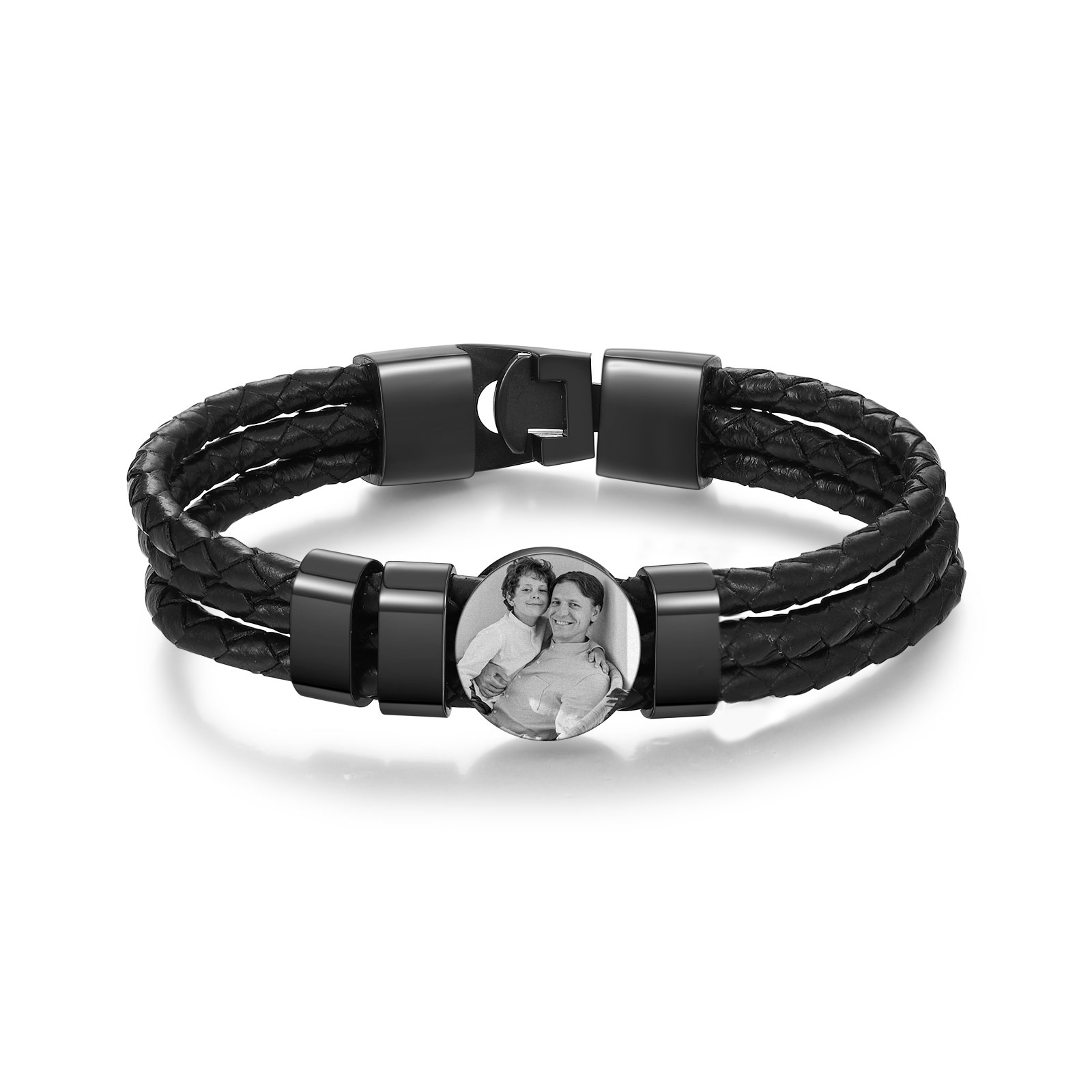 Personalized Braided Leather Bracelet Engraved with 3 Names and Customized 1 Photo Men's Bracelet for Dad
