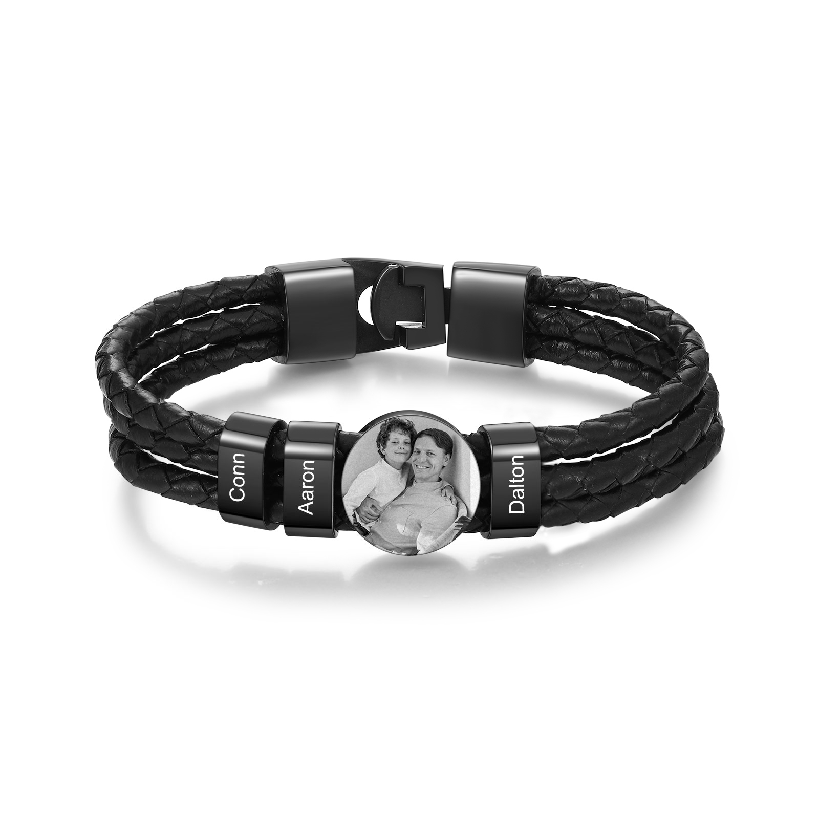 Personalized Braided Leather Bracelet Engraved with 3 Names and Customized 1 Photo Men's Bracelet for Dad