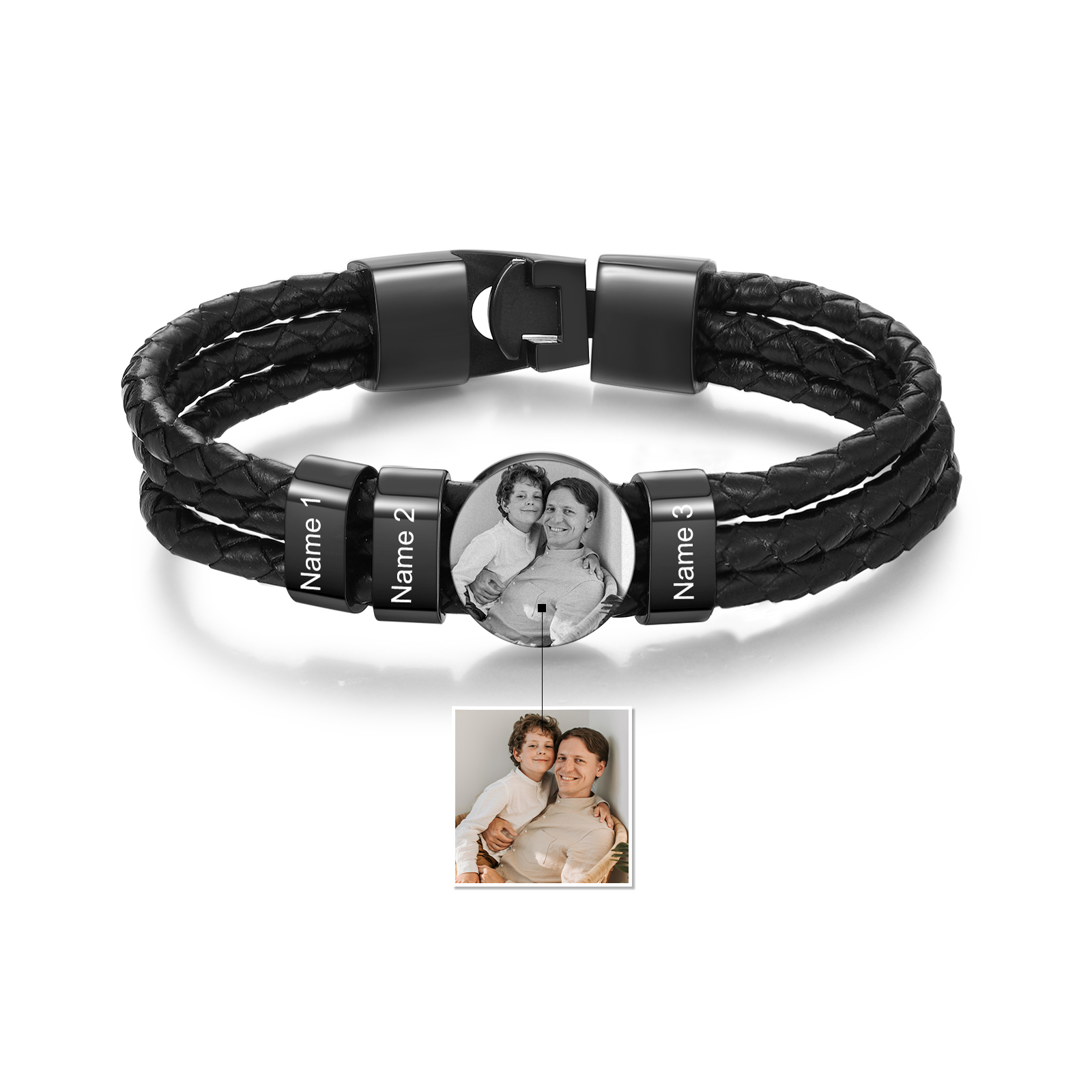 Personalized Braided Leather Bracelet Engraved with 3 Names and Customized 1 Photo Men's Bracelet for Dad