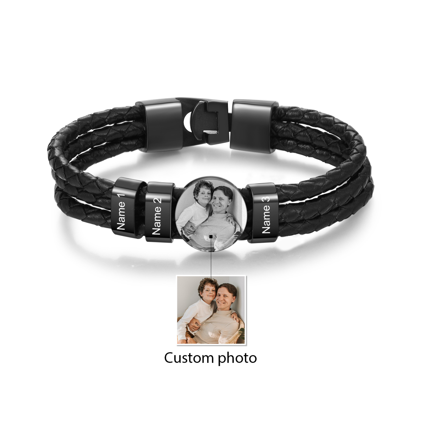 Personalized Braided Leather Bracelet Engraved with 3 Names and Customized 1 Photo Men's Bracelet for Dad