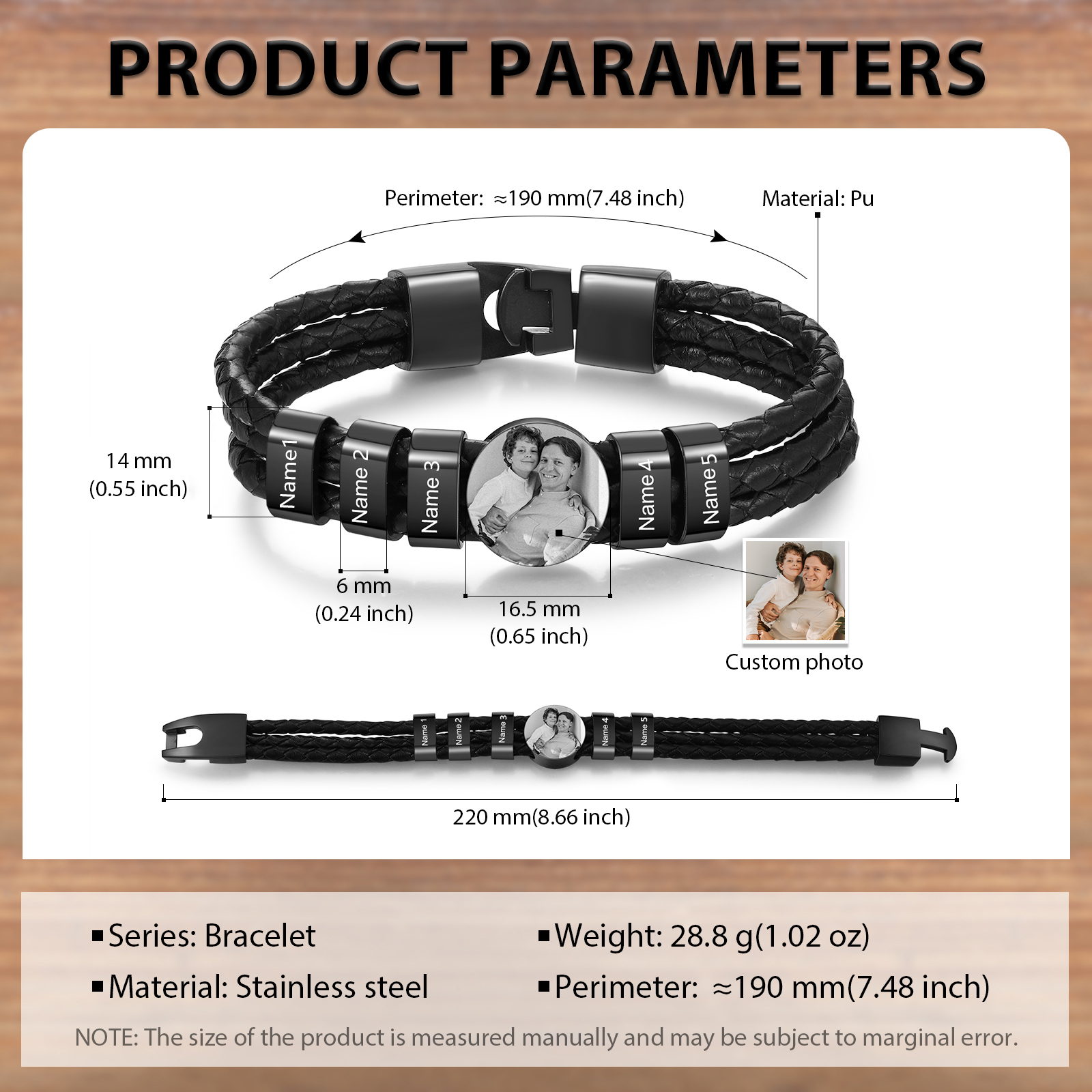 Personalized Braided Leather Bracelet Engraved with 5 Names and Customized 1 Photo Men's Bracelet for Dad