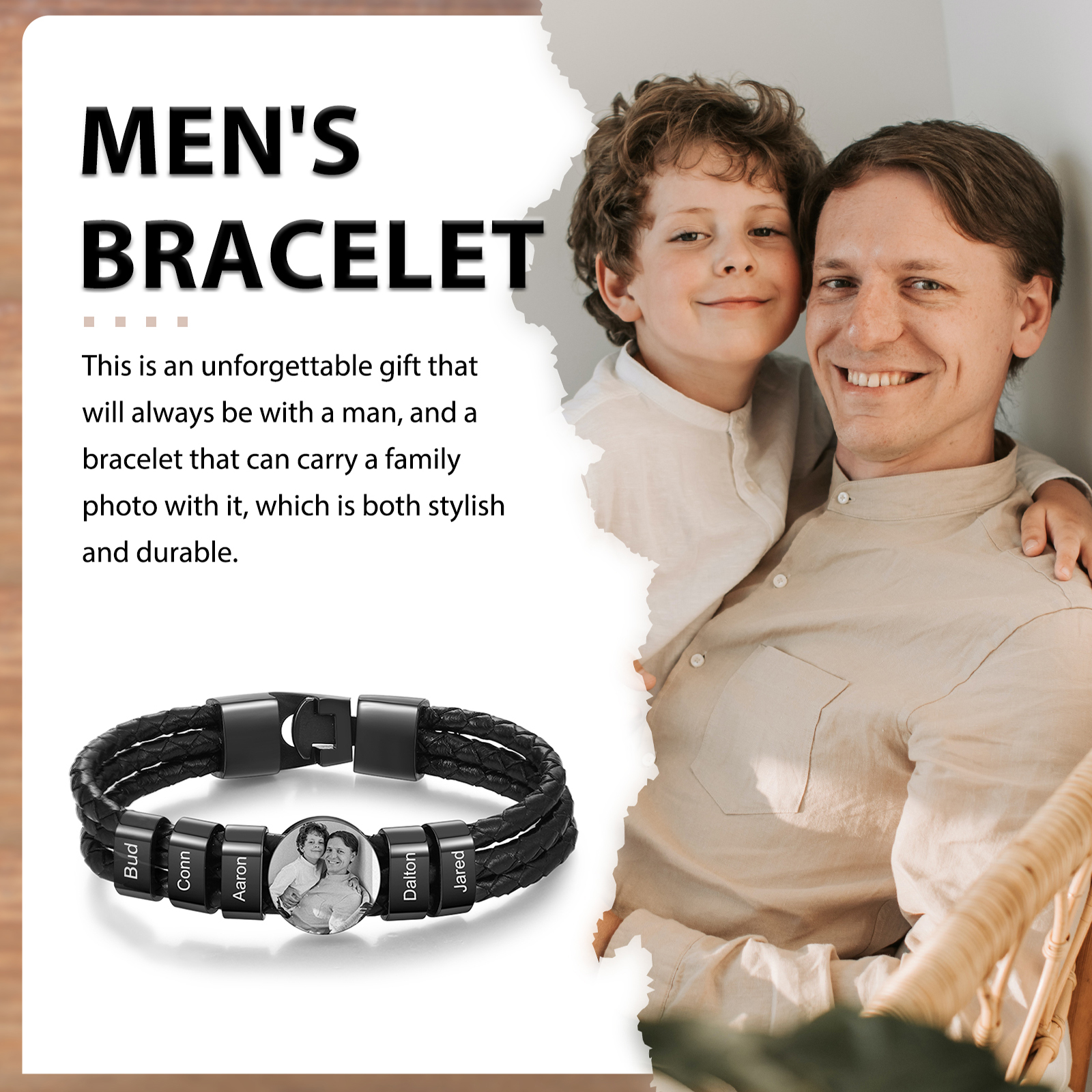 Personalized Braided Leather Bracelet Engraved with 5 Names and Customized 1 Photo Men's Bracelet for Dad