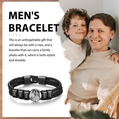 Personalized Braided Leather Bracelet Engraved with 5 Names and Customized 1 Photo Men's Bracelet for Dad