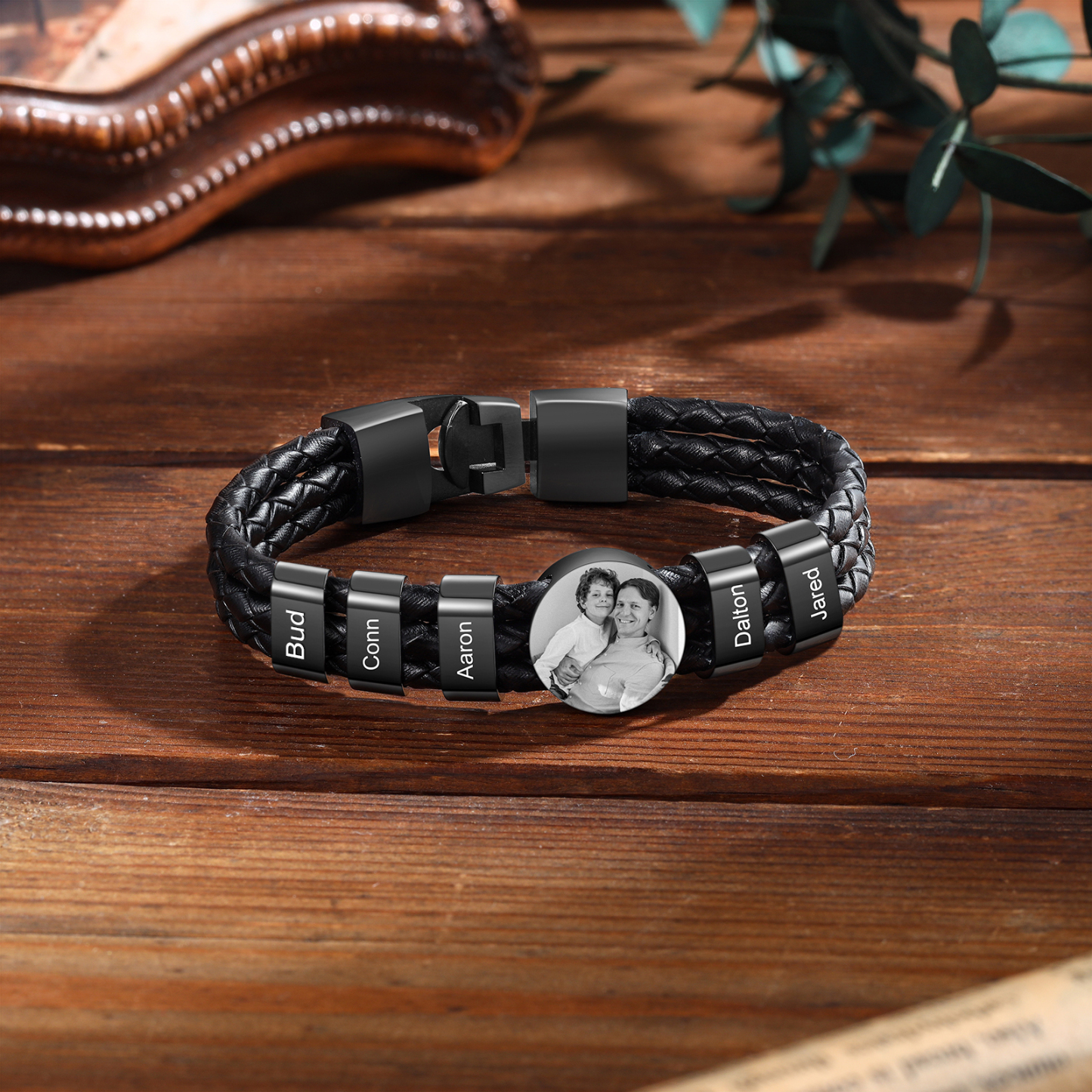 Personalized Braided Leather Bracelet Engraved with 5 Names and Customized 1 Photo Men's Bracelet for Dad