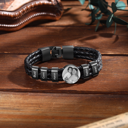 Personalized Braided Leather Bracelet Engraved with 5 Names and Customized 1 Photo Men's Bracelet for Dad