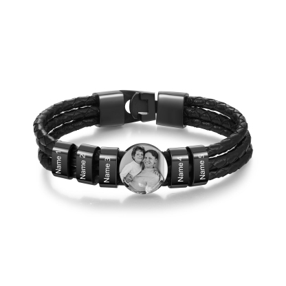 Personalized Braided Leather Bracelet Engraved with 5 Names and Customized 1 Photo Men's Bracelet for Dad