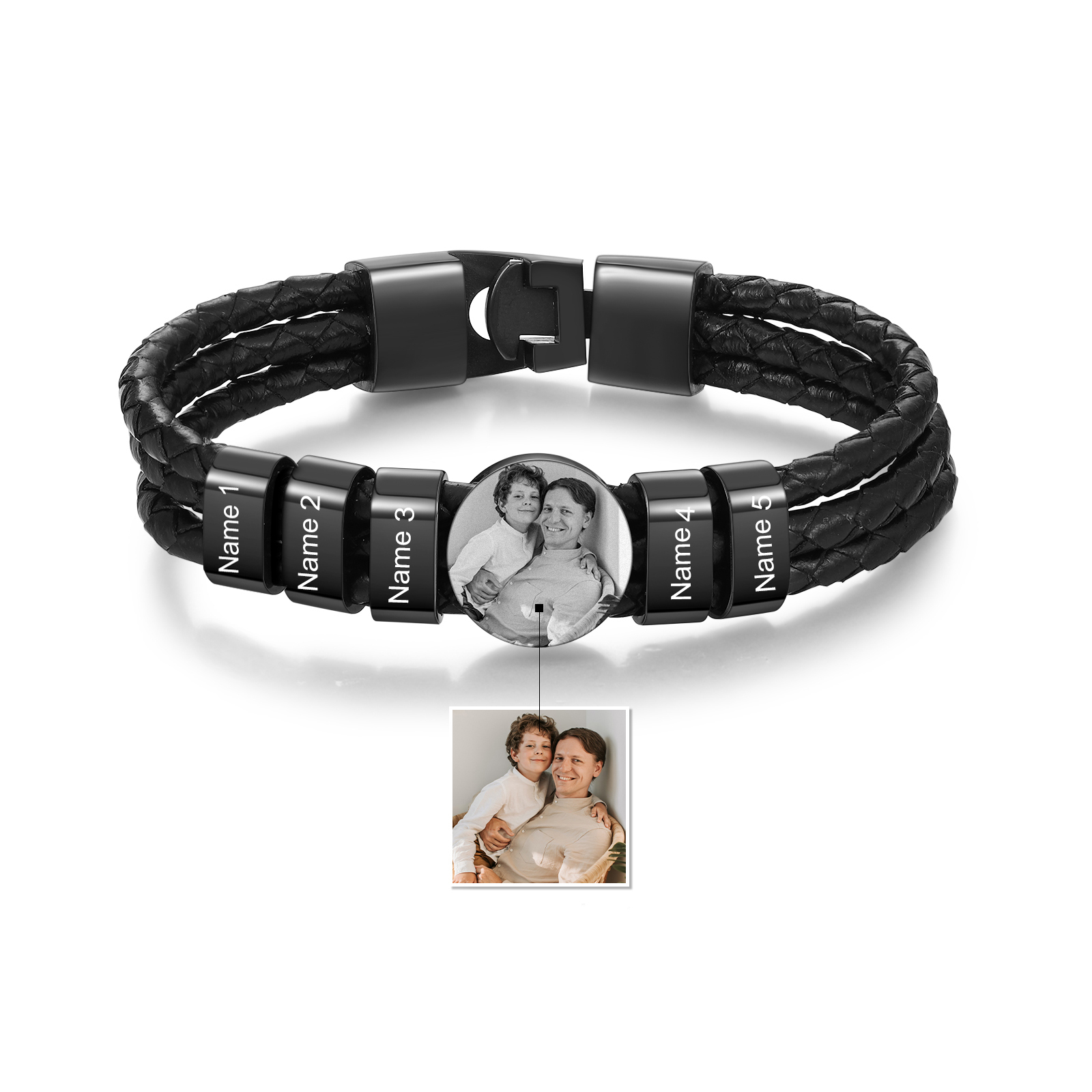 Personalized Braided Leather Bracelet Engraved with 5 Names and Customized 1 Photo Men's Bracelet for Dad