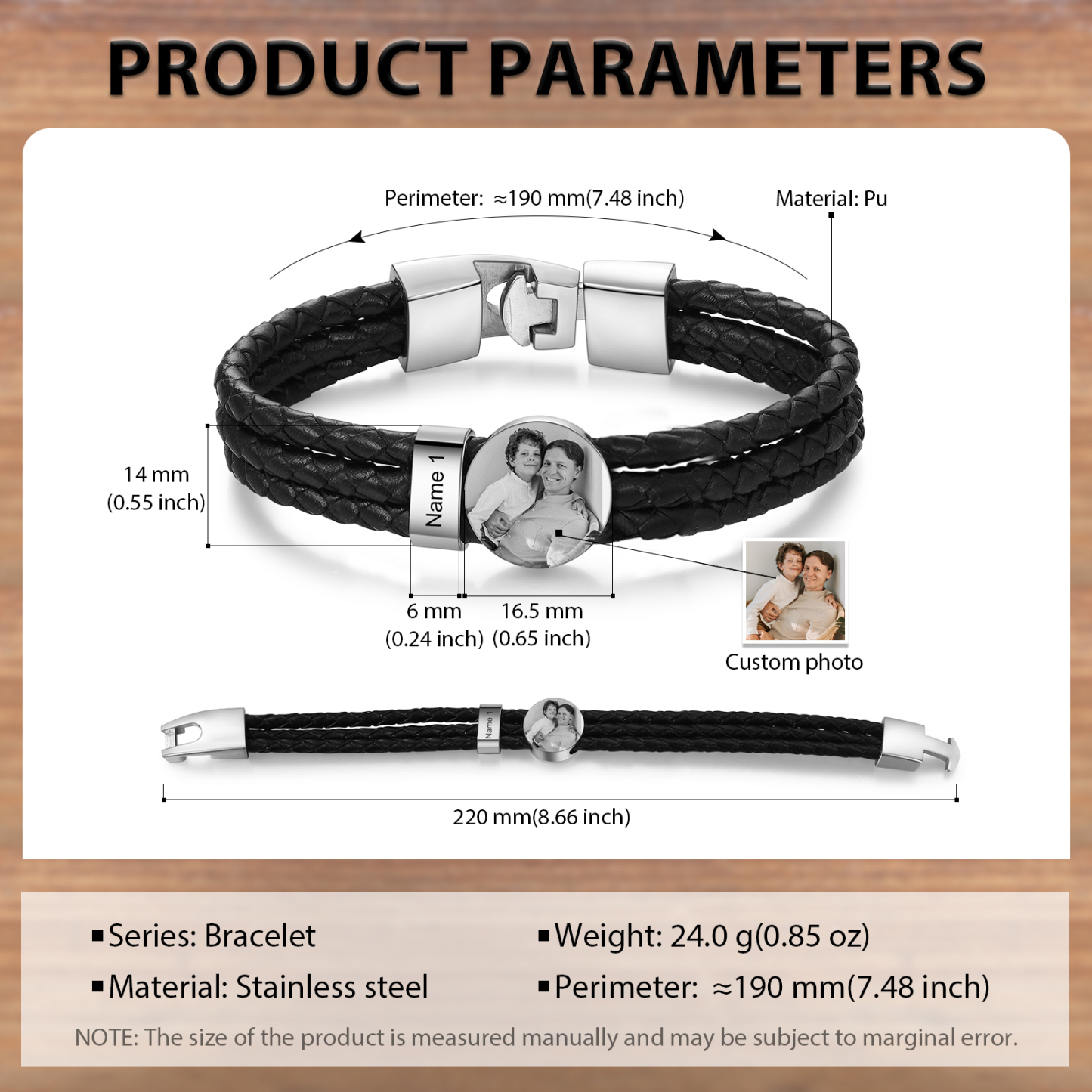 Personalized Braided Leather Bracelet Engraved with 1 Names and Customized 1 Photo Men's Bracelet for Dad