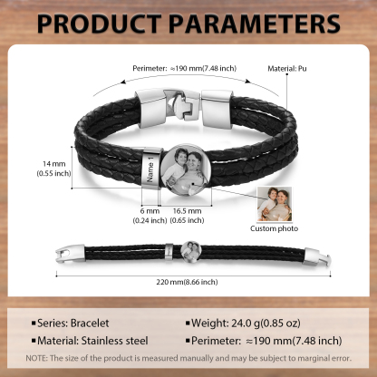 Personalized Braided Leather Bracelet Engraved with 1 Names and Customized 1 Photo Men's Bracelet for Dad