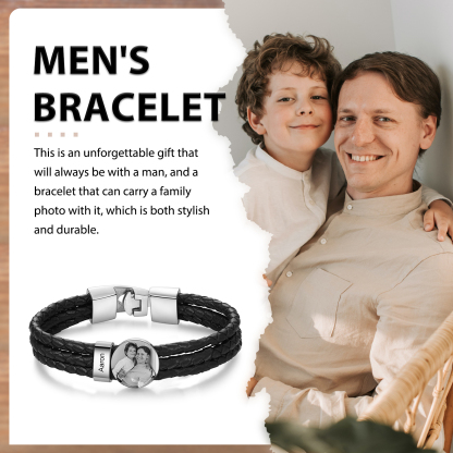 Personalized Braided Leather Bracelet Engraved with 1 Names and Customized 1 Photo Men's Bracelet for Dad