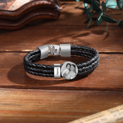 Personalized Braided Leather Bracelet Engraved with 1 Names and Customized 1 Photo Men's Bracelet for Dad