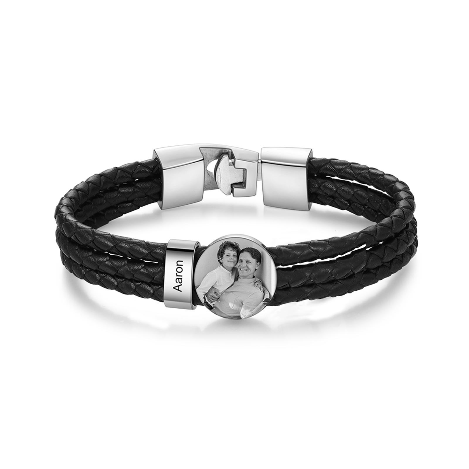 Personalized Braided Leather Bracelet Engraved with 1 Names and Customized 1 Photo Men's Bracelet for Dad