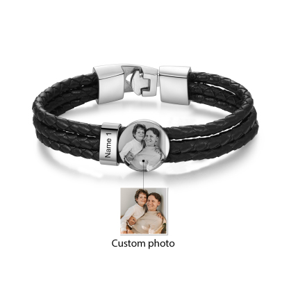 Personalized Braided Leather Bracelet Engraved with 1 Names and Customized 1 Photo Men's Bracelet for Dad