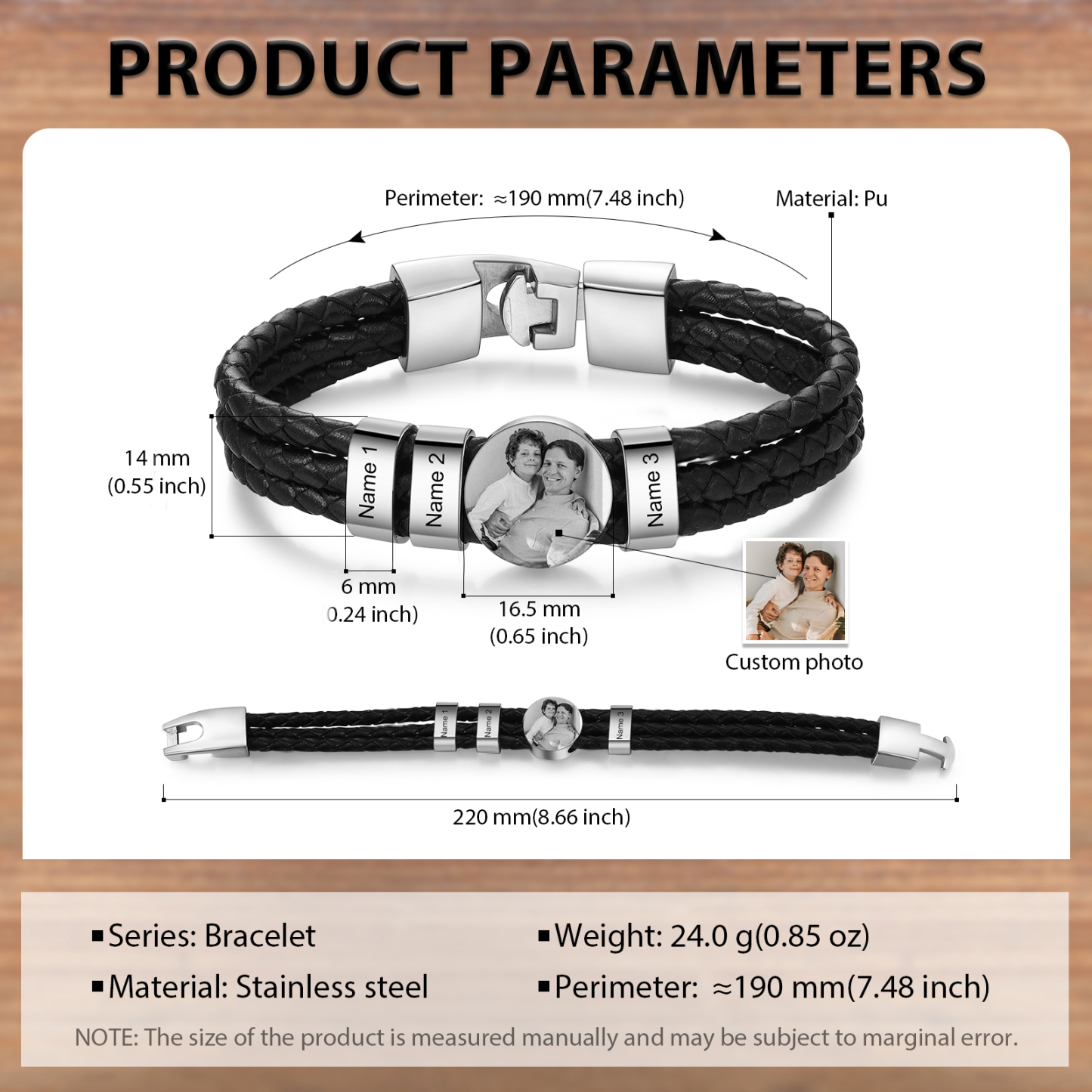 Personalized Braided Leather Bracelet Engraved with 3 Names and Customized 1 Photo Men's Bracelet for Dad