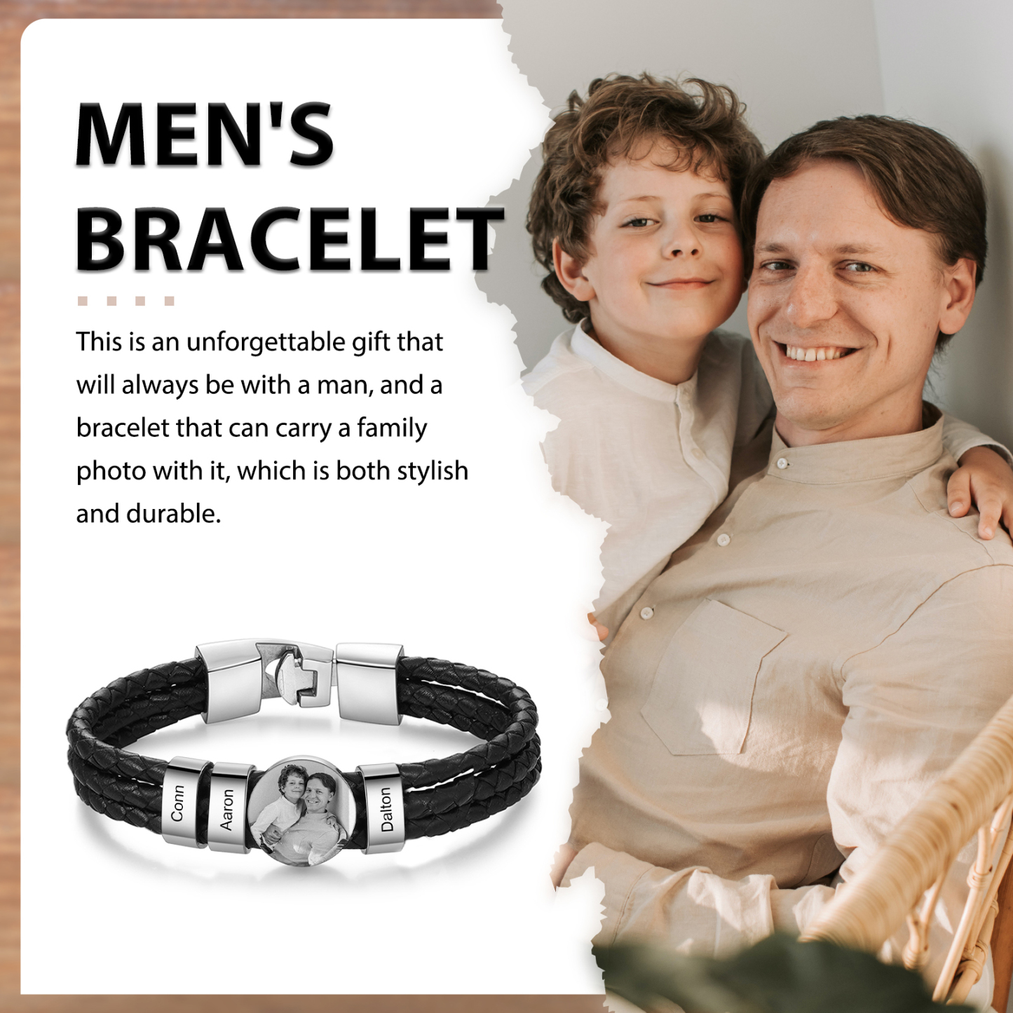 Personalized Braided Leather Bracelet Engraved with 3 Names and Customized 1 Photo Men's Bracelet for Dad