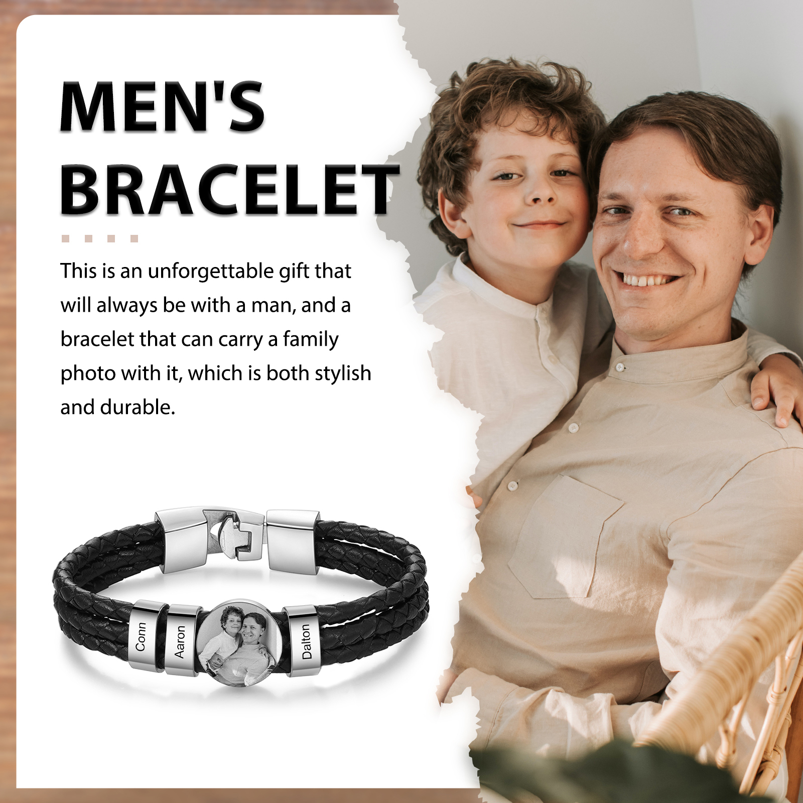 Personalized Braided Leather Bracelet Engraved with 3 Names and Customized 1 Photo Men's Bracelet for Dad