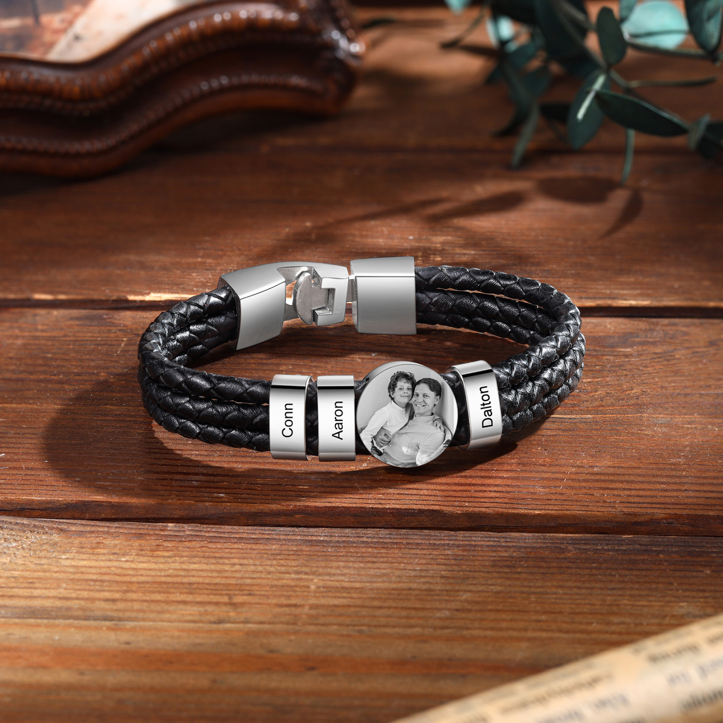 Personalized Braided Leather Bracelet Engraved with 3 Names and Customized 1 Photo Men's Bracelet for Dad