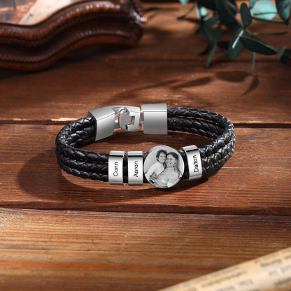 Personalized Braided Leather Bracelet Engraved with 3 Names and Customized 1 Photo Men's Bracelet for Dad