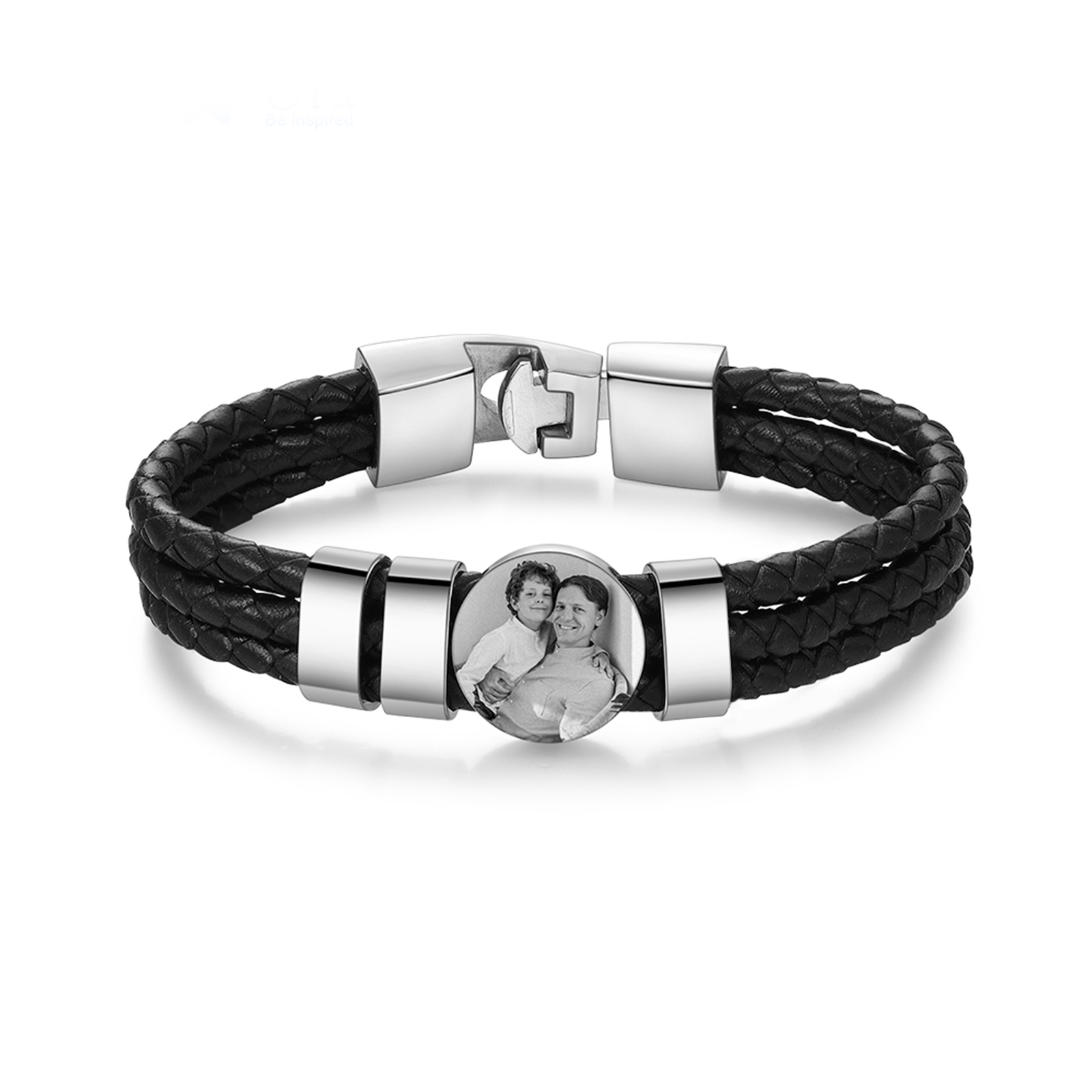 Personalized Braided Leather Bracelet Engraved with 3 Names and Customized 1 Photo Men's Bracelet for Dad