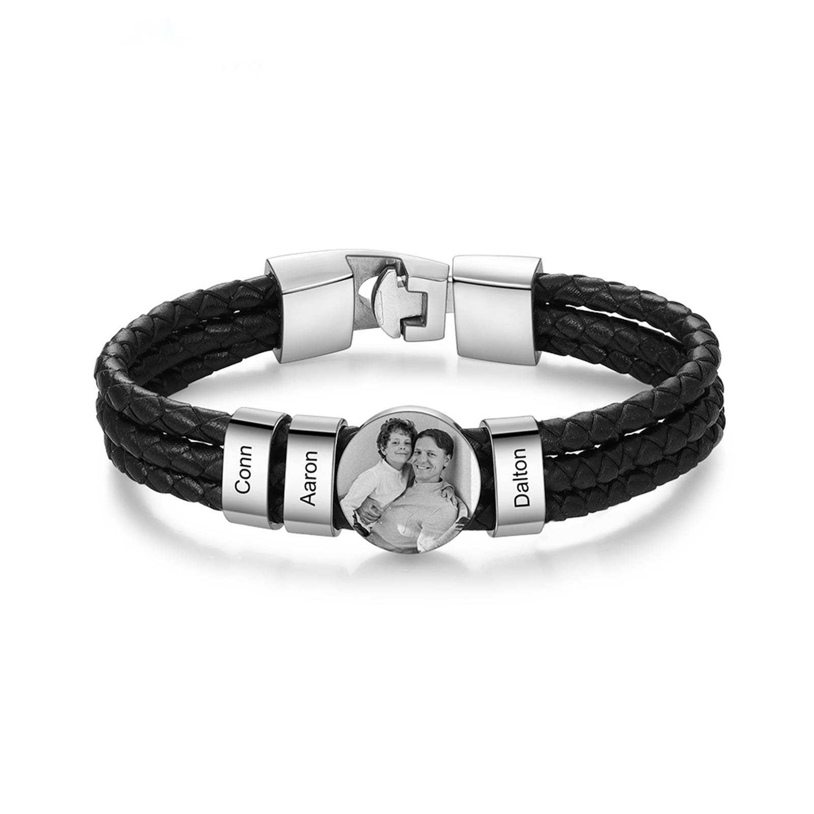 Personalized Braided Leather Bracelet Engraved with 3 Names and Customized 1 Photo Men's Bracelet for Dad