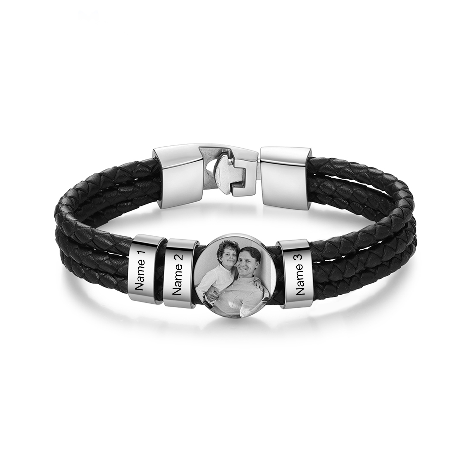 Personalized Braided Leather Bracelet Engraved with 3 Names and Customized 1 Photo Men's Bracelet for Dad